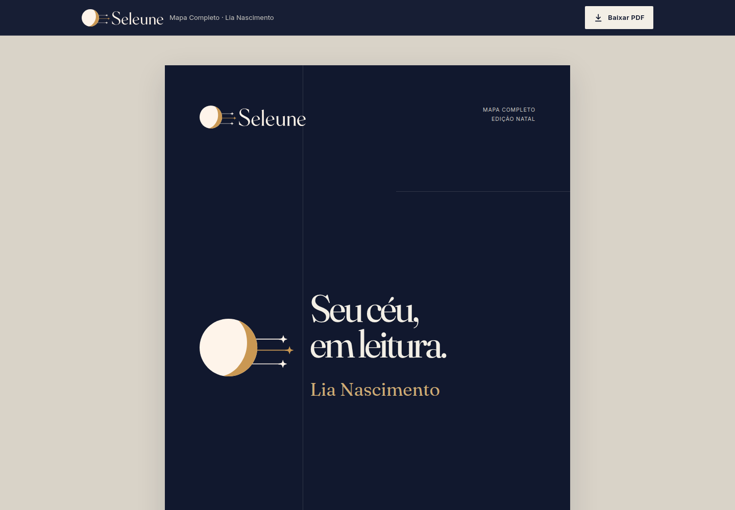 Capa e início de um relatório Mapa Completo Seleune V2 com dados sintéticos